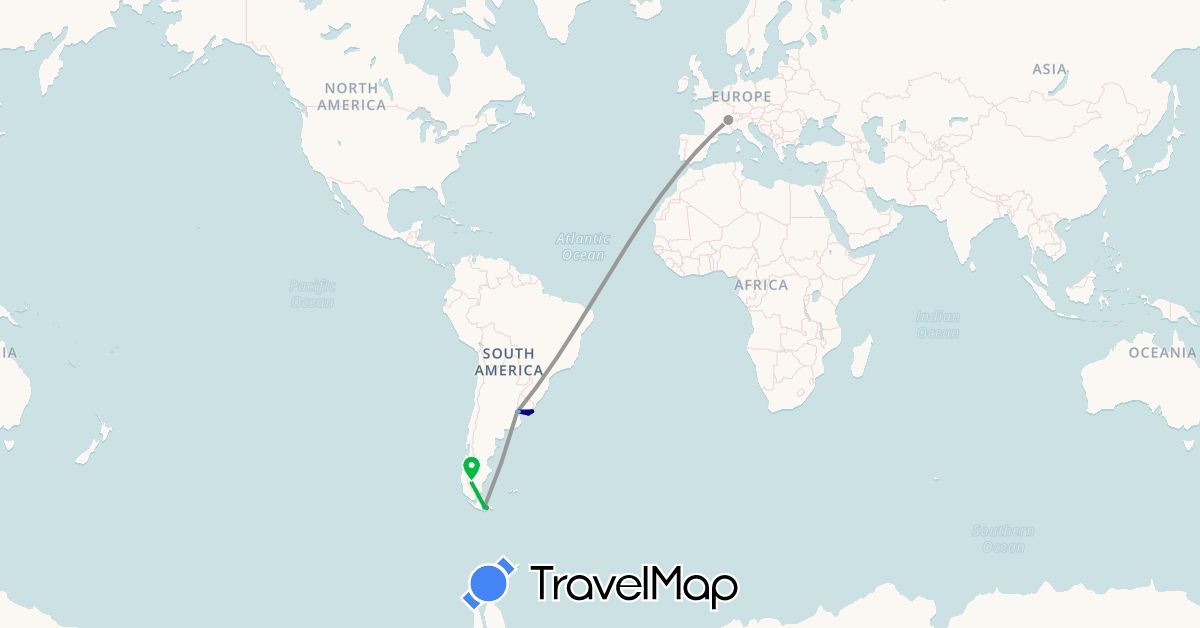 TravelMap itinerary: driving, bus, plane, hiking, boat in Argentina, Switzerland, Chile, Uruguay (Europe, South America)
